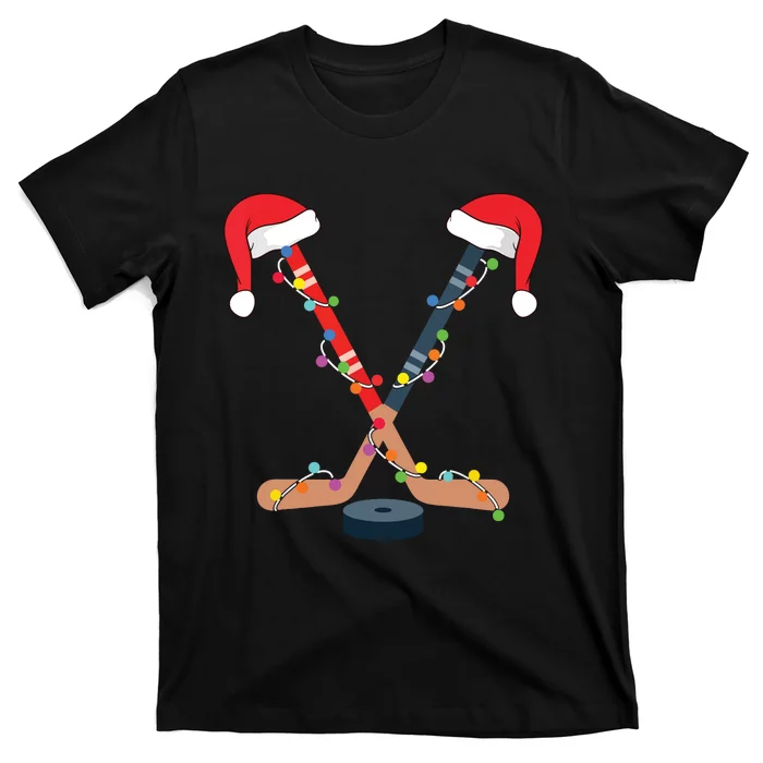 Hockey Santa Hat Christmas Lights Funny Sport Xmas Boy T-Shirt