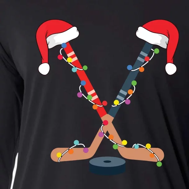 Hockey Santa Hat Christmas Lights Funny Sport Xmas Boy Cooling Performance Long Sleeve Crew