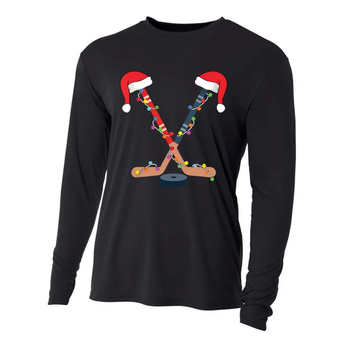 Hockey Santa Hat Christmas Lights Funny Sport Xmas Boy Cooling Performance Long Sleeve Crew