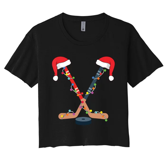 Hockey Santa Hat Christmas Lights Funny Sport Xmas Boy Women's Crop Top Tee