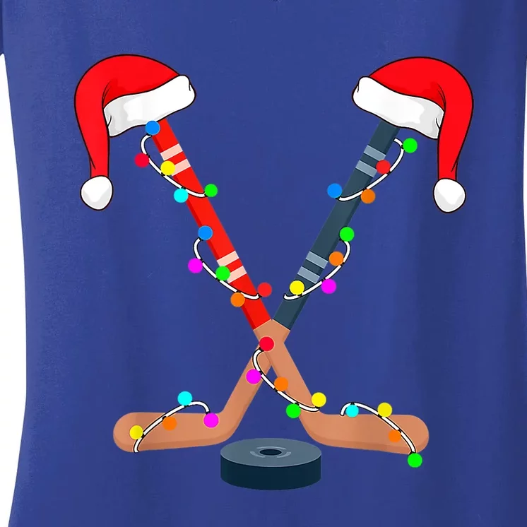 Hockey Santa Hat Christmas Lights Funny Sport Xmas Gift Women's V-Neck T-Shirt