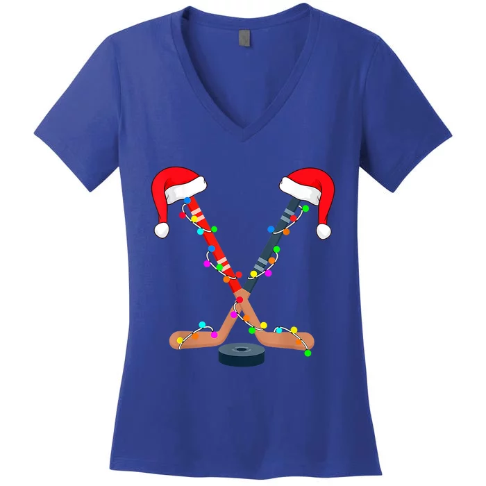 Hockey Santa Hat Christmas Lights Funny Sport Xmas Gift Women's V-Neck T-Shirt