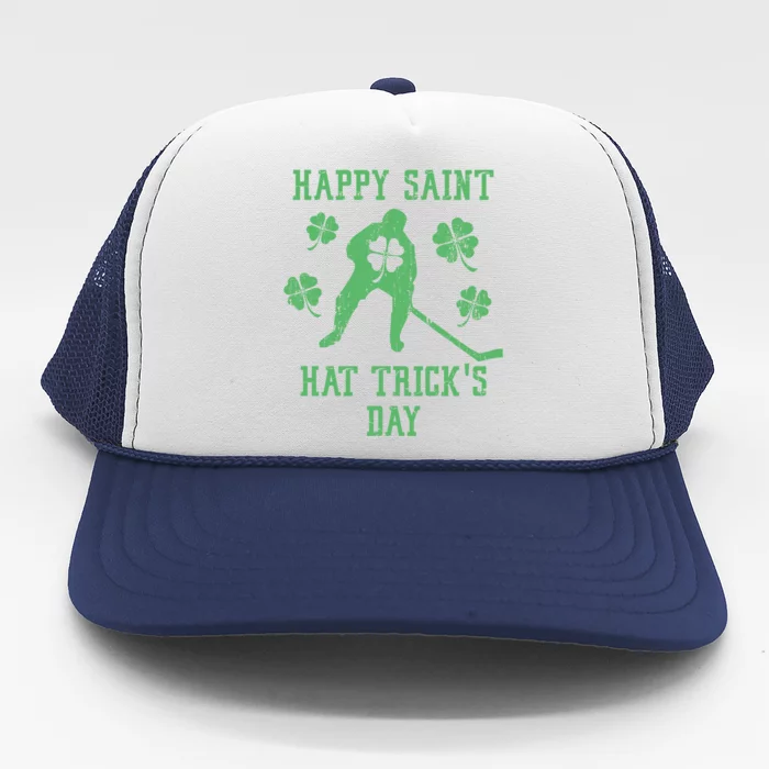 Happy Saint Hat Trick's Day Funny St Patricks Day Ice Hockey Gift Trucker Hat