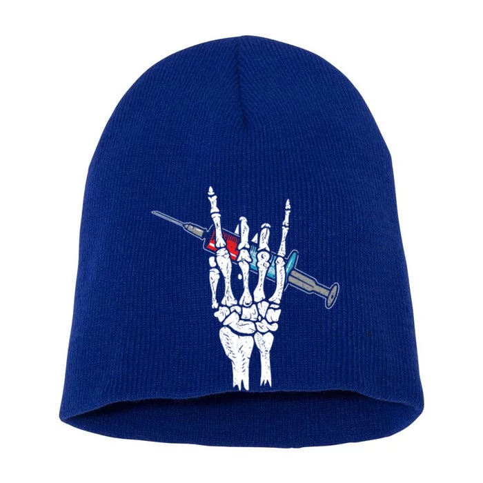 Halloween Skeleton Hand Rock Holding Needle Nurse Gift Short Acrylic Beanie