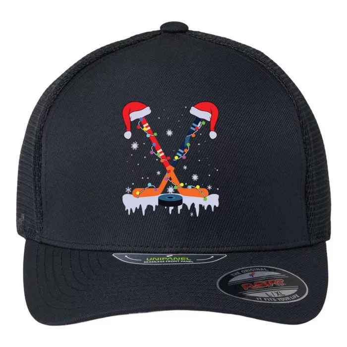 Hockey Santa Hat Christmas Lights Funny Sport Xmas Pjs Flexfit Unipanel Trucker Cap