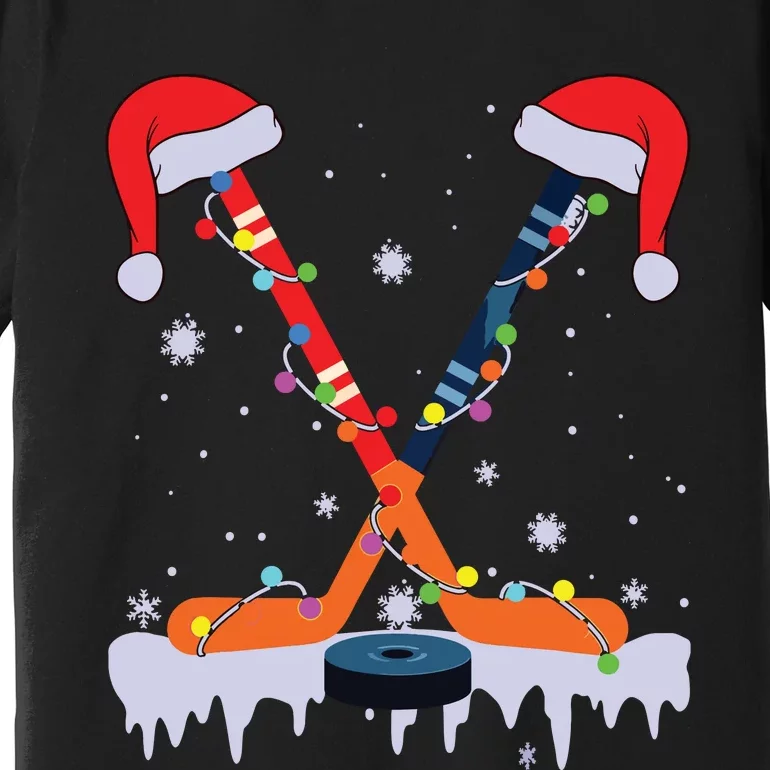 Hockey Santa Hat Christmas Lights Funny Sport Xmas Pjs Premium T-Shirt