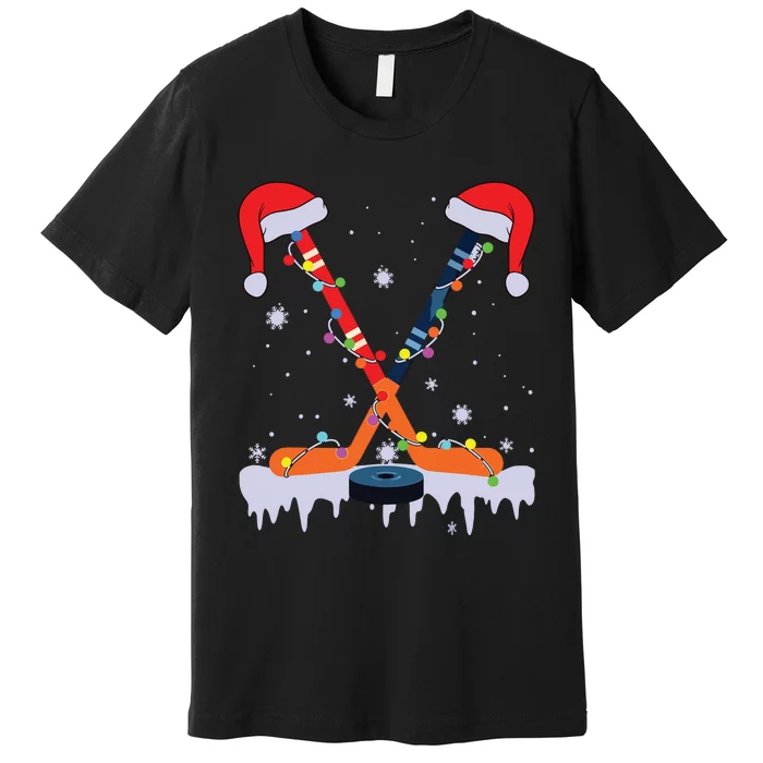 Hockey Santa Hat Christmas Lights Funny Sport Xmas Pjs Premium T-Shirt