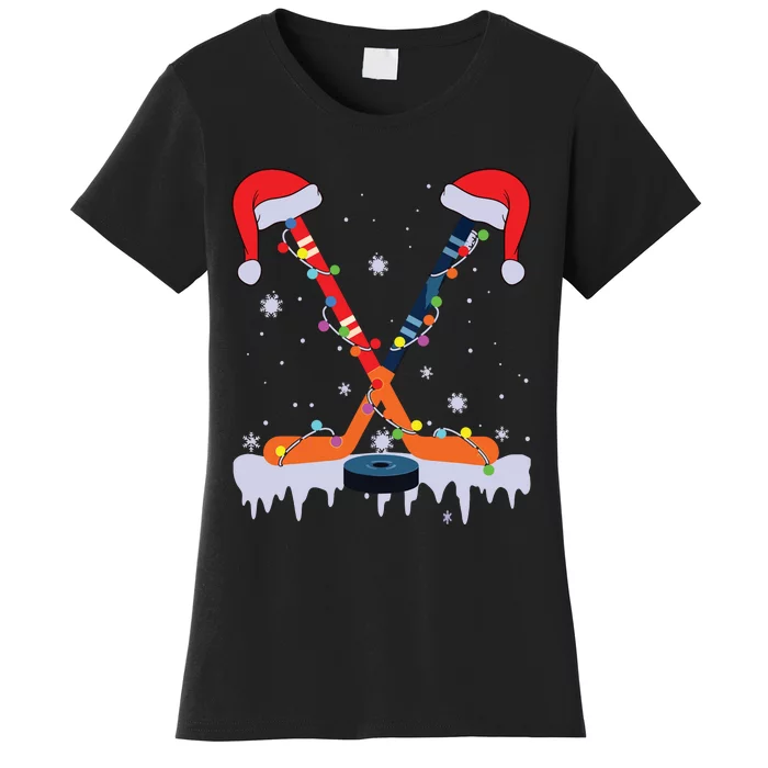 Hockey Santa Hat Christmas Lights Funny Sport Xmas Pjs Women's T-Shirt