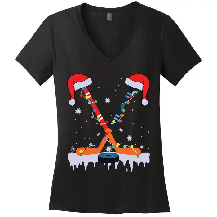 Hockey Santa Hat Christmas Lights Funny Sport Xmas Pjs Women's V-Neck T-Shirt