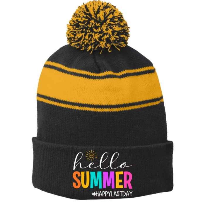 Hello Summer Happy Last Day School Teacher Student Stripe Pom Pom Beanie