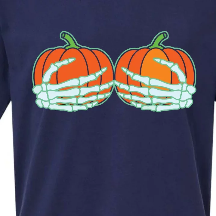 Halloween Skeleton Hand On Pumpkin Boob Sueded Cloud Jersey T-Shirt