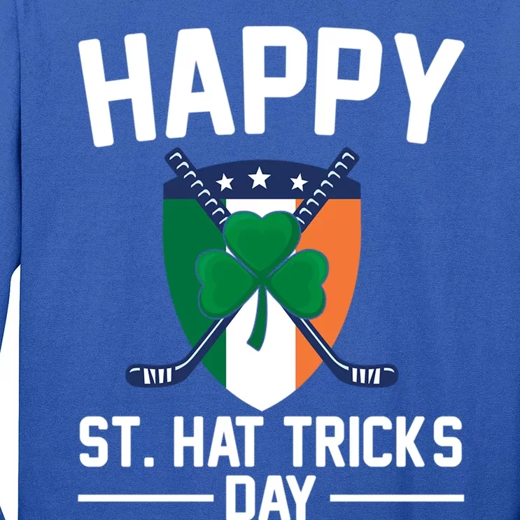 Happy St Hat Tricks Day Funny Hockey Shamrock Patricks Day Gift Long Sleeve Shirt