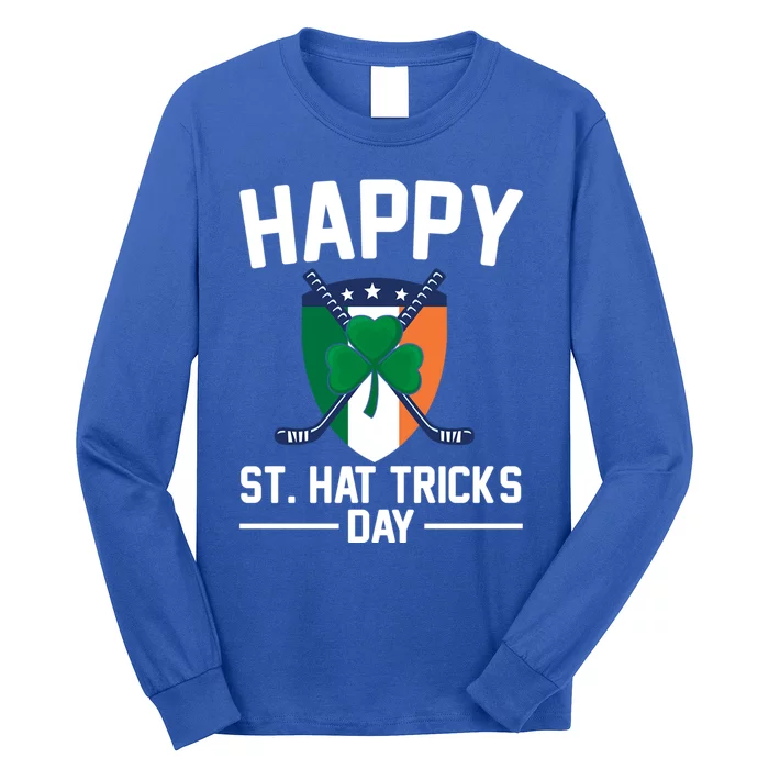 Happy St Hat Tricks Day Funny Hockey Shamrock Patricks Day Gift Long Sleeve Shirt