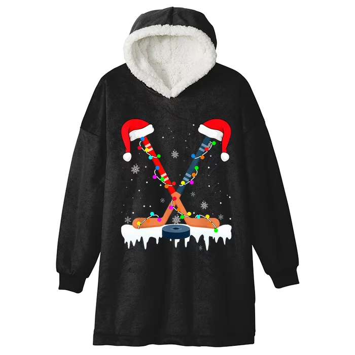 Hockey Santa Hat Christmas Lights Funny Sport Xmas PJs Hooded Wearable Blanket