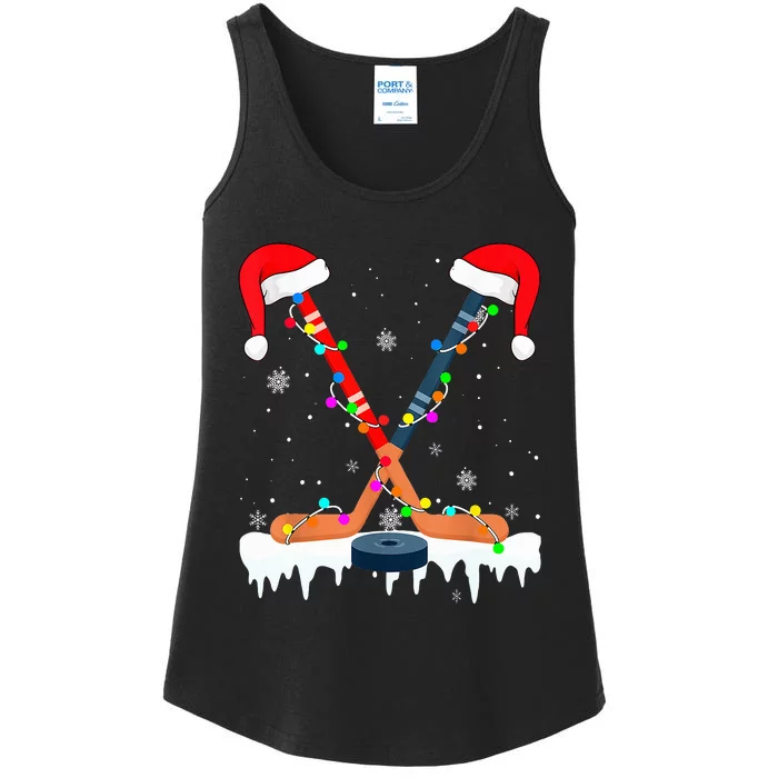 Hockey Santa Hat Christmas Lights Funny Sport Xmas PJs Ladies Essential Tank