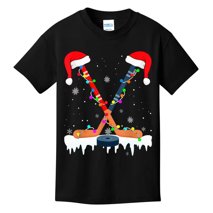 Hockey Santa Hat Christmas Lights Funny Sport Xmas PJs Kids T-Shirt