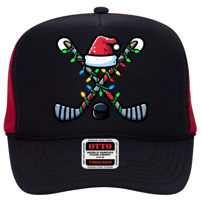 Hockey Santa Hat Christmas Lights For Hockey Fans Players Gift High Crown Mesh Trucker Hat