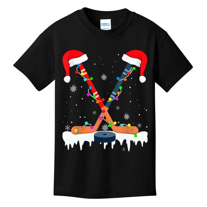 Hockey Santa Hat Christmas Lights Funny Sport  Xmas PJs Kids T-Shirt