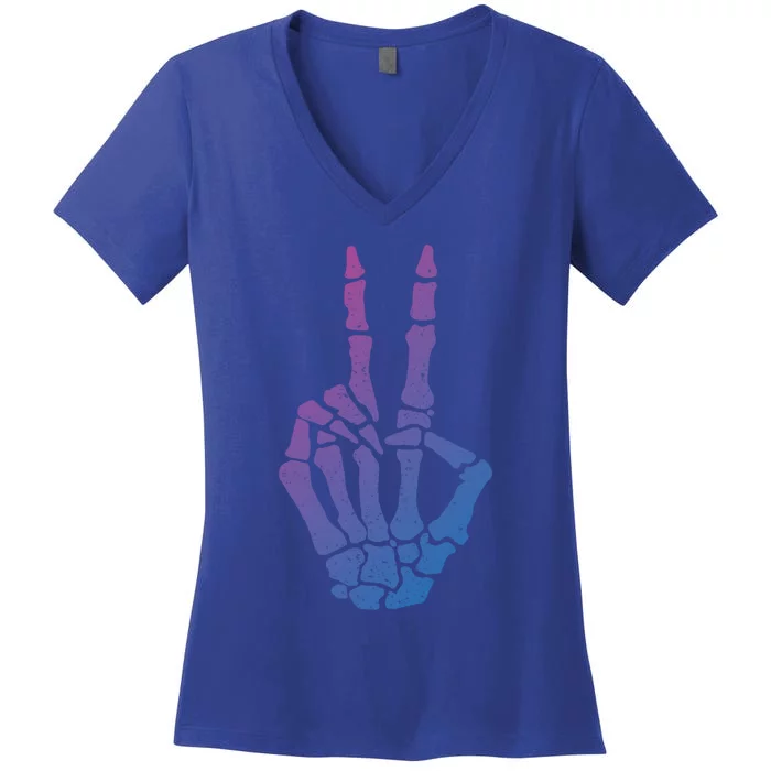 Halloween Skeleton Hand Peace Sign Funny Costume Gift Women's V-Neck T-Shirt