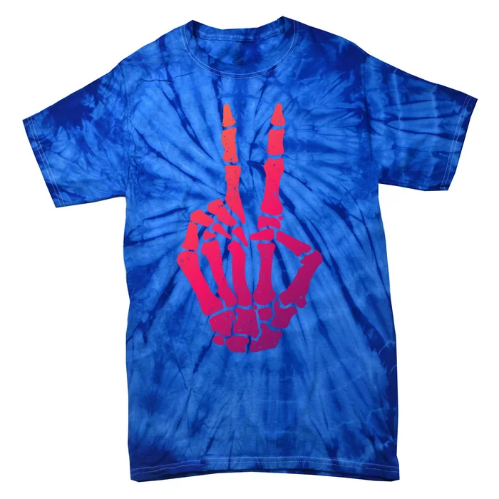 Halloween Skeleton Hand Peace Sign Funny Costume Gift Tie-Dye T-Shirt