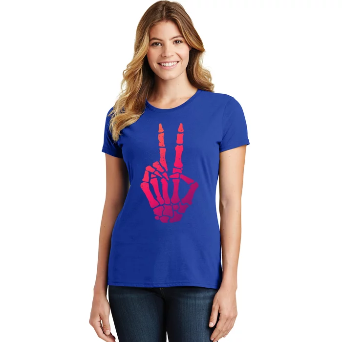 Halloween Skeleton Hand Peace Sign Funny Costume Gift Women's T-Shirt