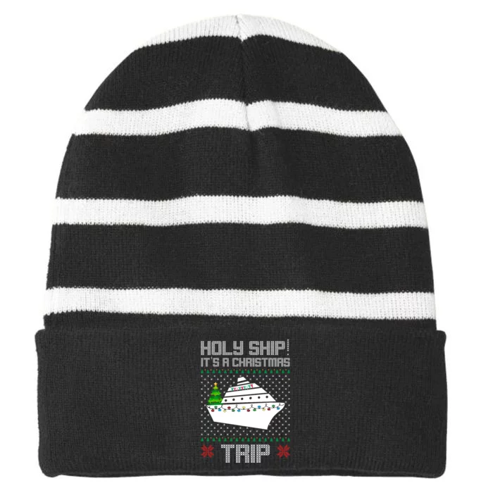 Holy Ship It's A Christmas Trip Family Vacation Cruise Striped Beanie with Solid Band