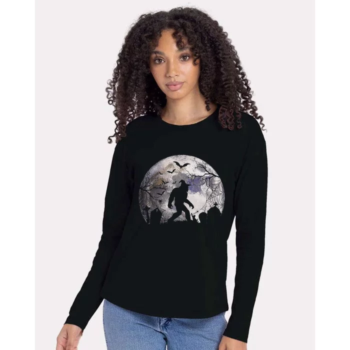 Halloween Sasquatch In A Cemetery Spooky Full Moon Tombs Funny Womens Cotton Relaxed Long Sleeve T-Shirt