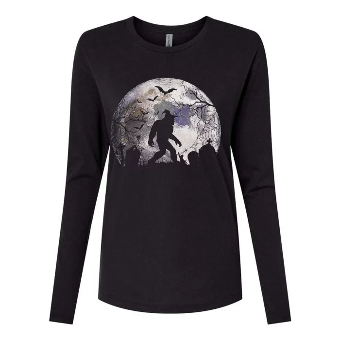 Halloween Sasquatch In A Cemetery Spooky Full Moon Tombs Funny Womens Cotton Relaxed Long Sleeve T-Shirt