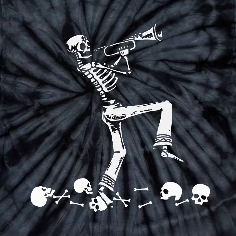 Halloween Skeleton Jazz Musician Playing Trumpet Tie-Dye T-Shirt