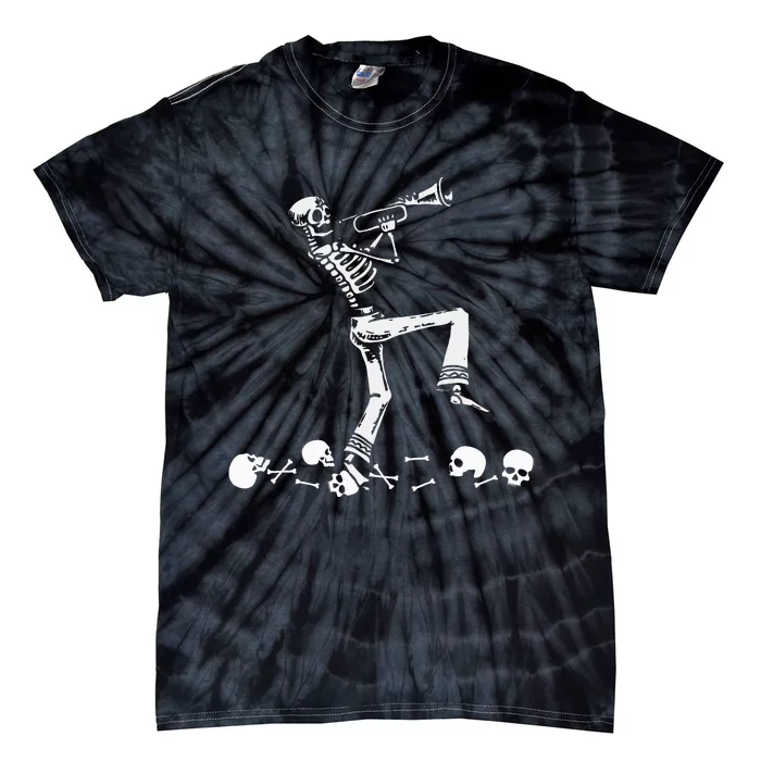 Halloween Skeleton Jazz Musician Playing Trumpet Tie-Dye T-Shirt