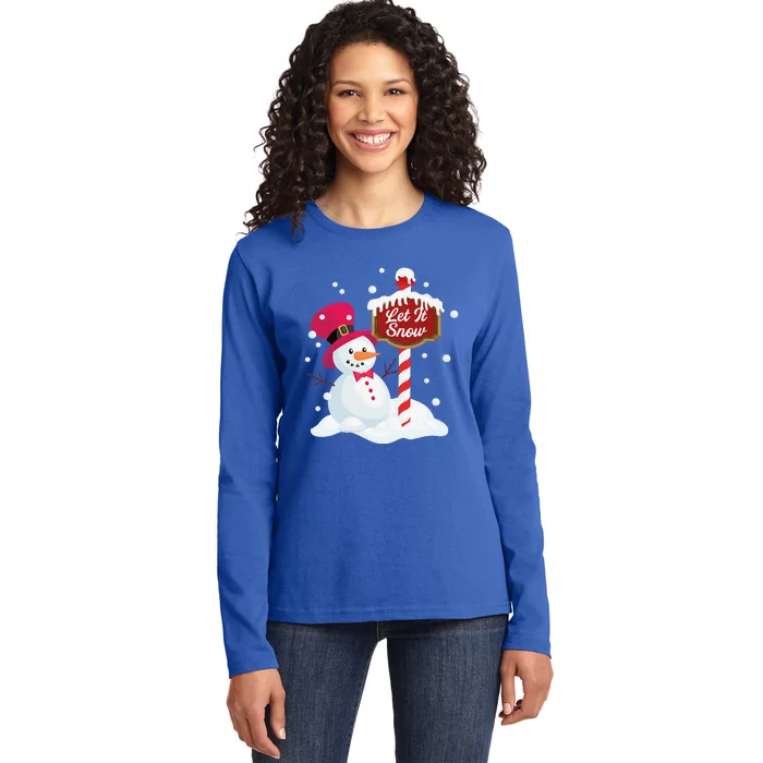 Happy Snowman Let It Snow Graphic At The Northpole Ladies Long Sleeve Shirt