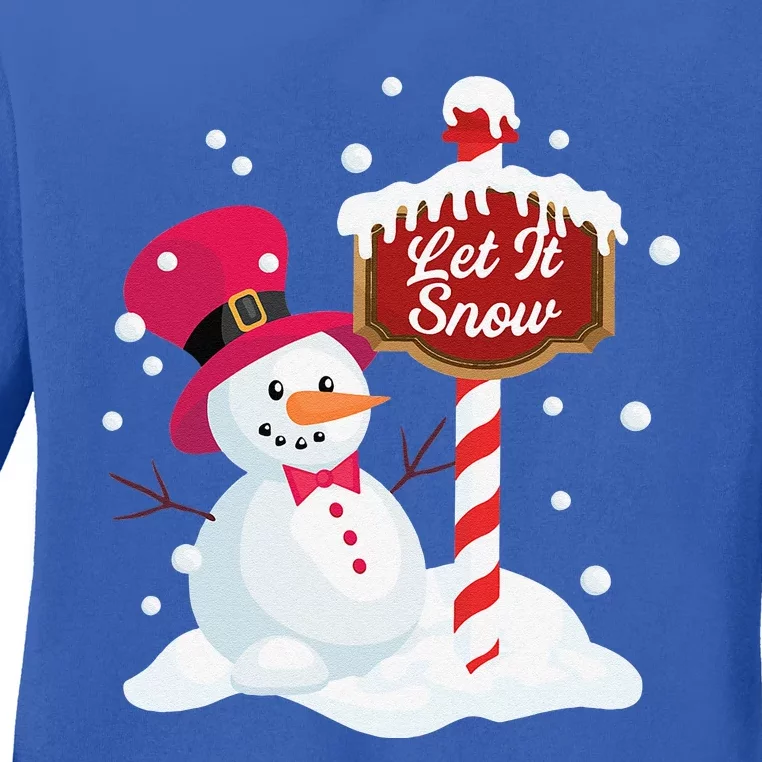 Happy Snowman Let It Snow Graphic At The Northpole Ladies Long Sleeve Shirt