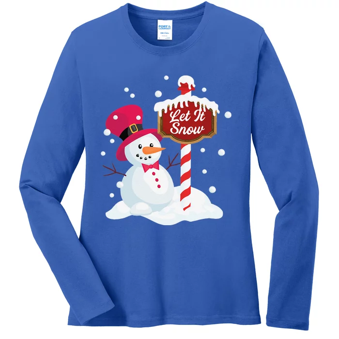 Happy Snowman Let It Snow Graphic At The Northpole Ladies Long Sleeve Shirt