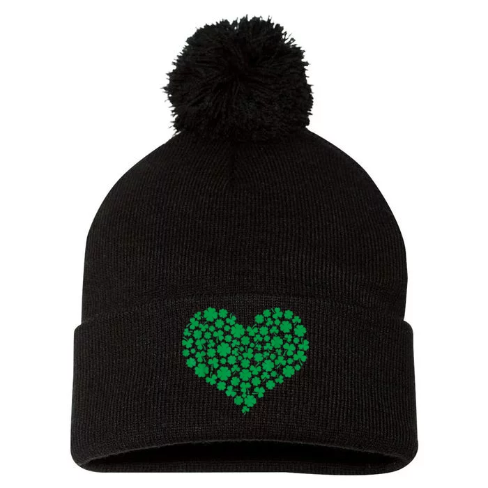 Heart Shamrock Lucky St Patricks Day Women Pom Pom 12in Knit Beanie