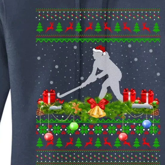 Hockey Sports Lover Xmas Santa Ugly Field Hockey Christmas Funny Gift Women's Pullover Hoodie