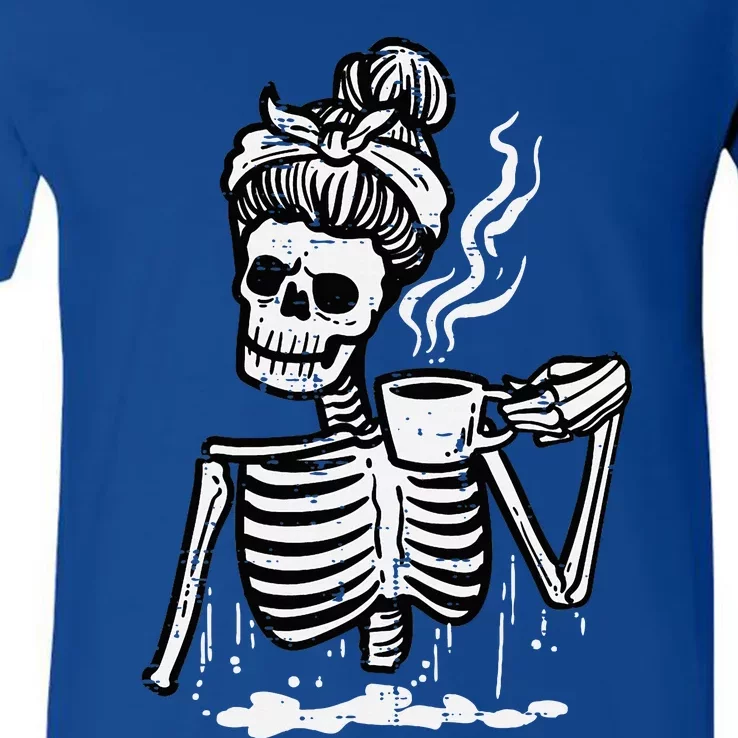 Halloween Skeleton Messy Bun Coffee Funny Costume Mom V-Neck T-Shirt