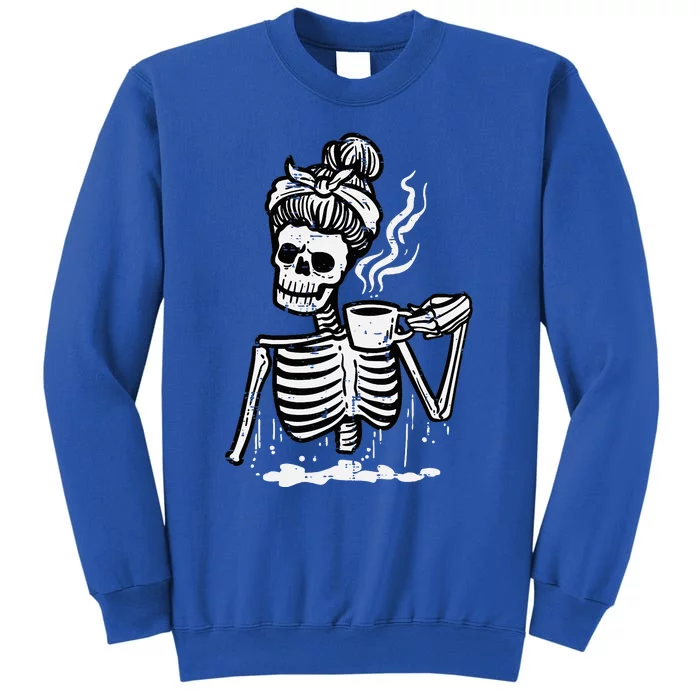 Halloween Skeleton Messy Bun Coffee Funny Costume Mom Tall Sweatshirt