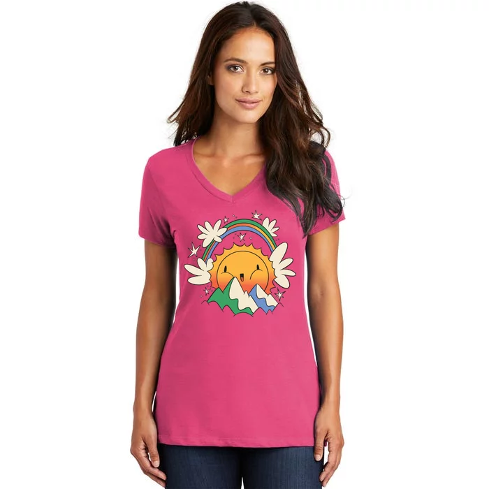 Happy Sun Mountain Rainbow Women's V-Neck T-Shirt