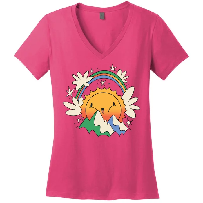 Happy Sun Mountain Rainbow Women's V-Neck T-Shirt