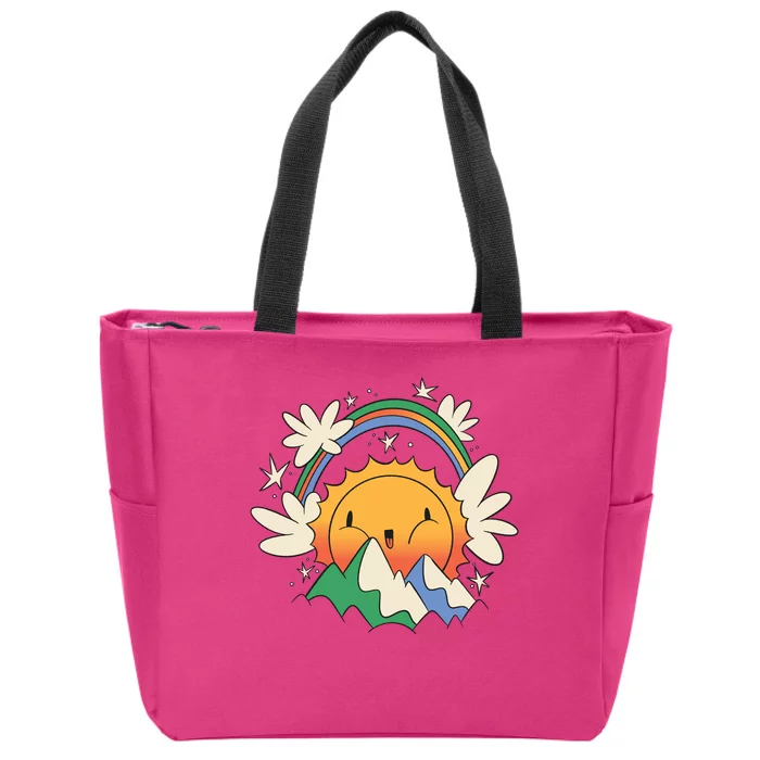 Happy Sun Mountain Rainbow Zip Tote Bag