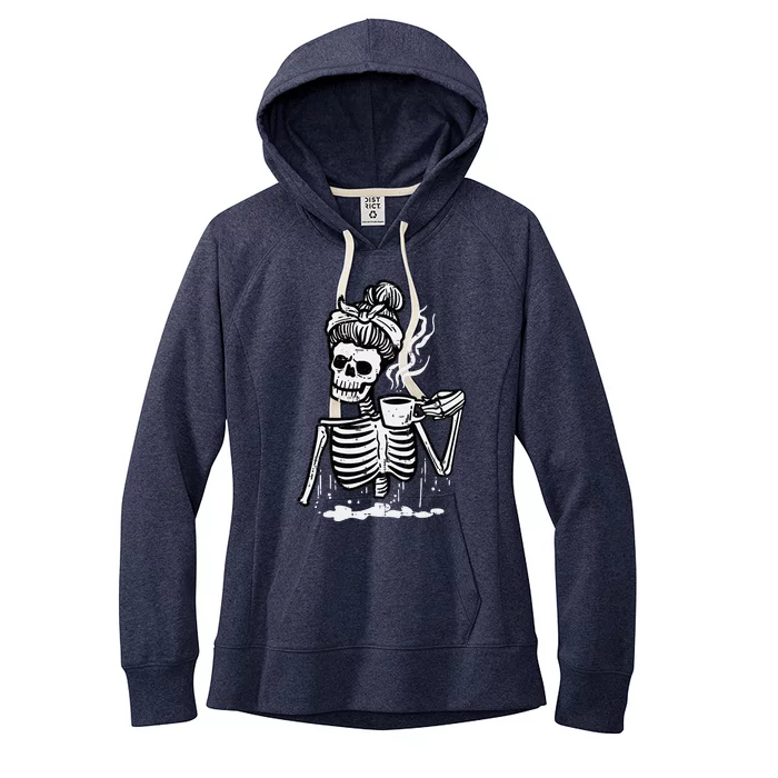 Halloween Skeleton Messy Bun Coffee Funny Costume Women's Fleece Hoodie