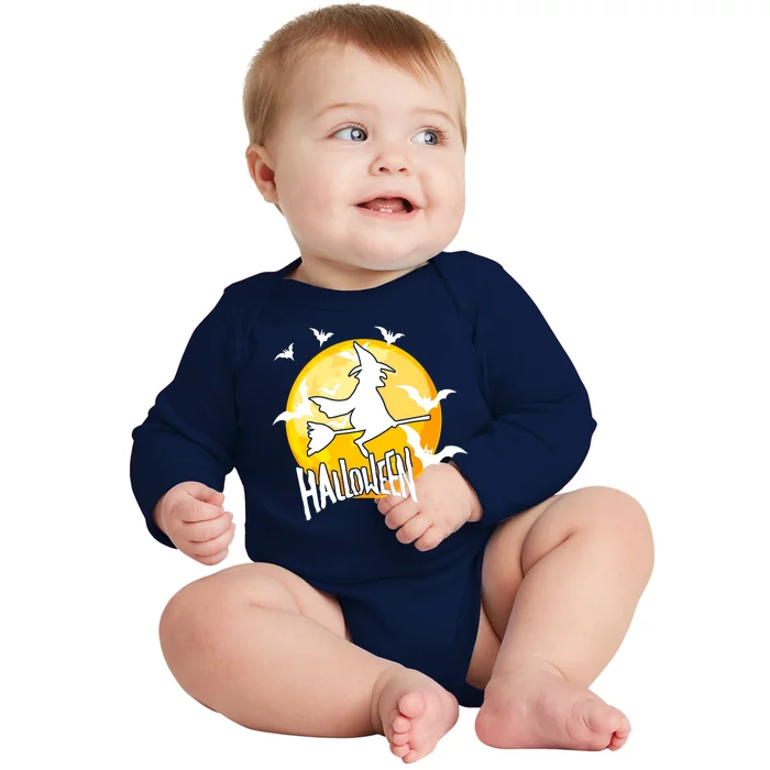 Halloween Spooky Moon Flying Witch Baby Long Sleeve Bodysuit