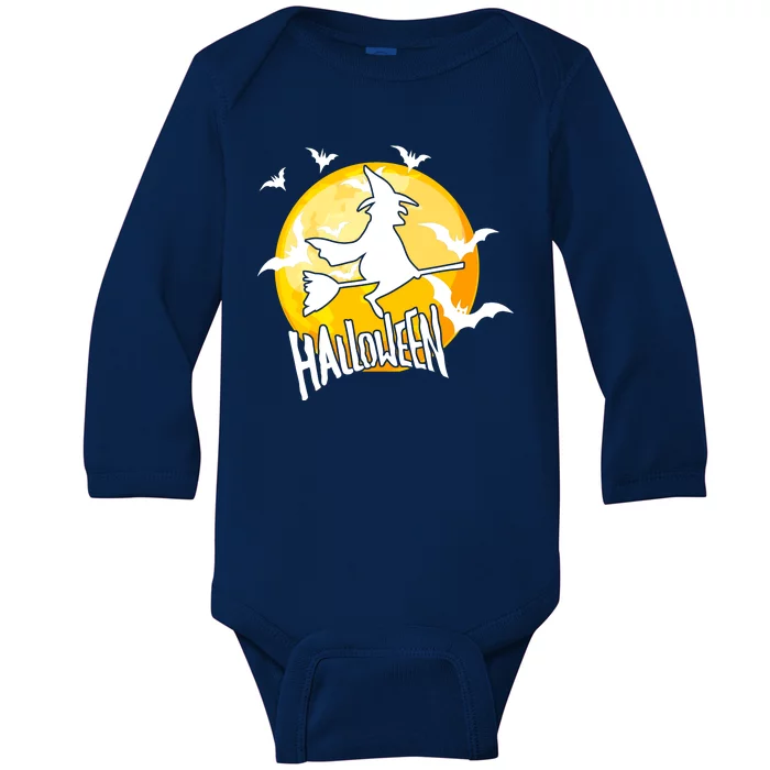 Halloween Spooky Moon Flying Witch Baby Long Sleeve Bodysuit