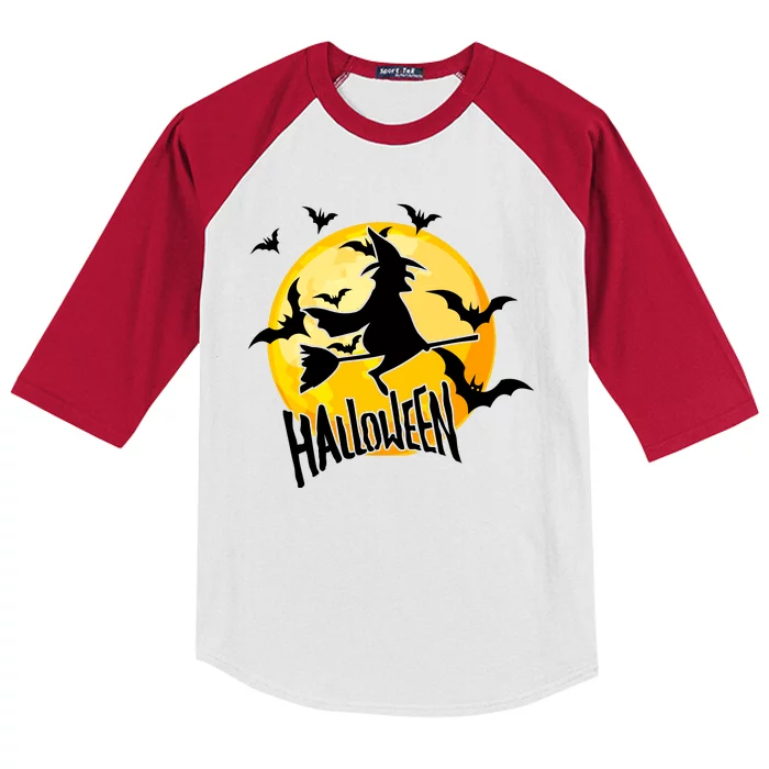 Halloween Spooky Moon Flying Witch Kids Colorblock Raglan Jersey