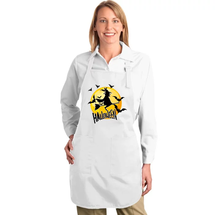 Halloween Spooky Moon Flying Witch Full-Length Apron With Pocket