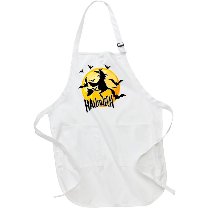 Halloween Spooky Moon Flying Witch Full-Length Apron With Pocket