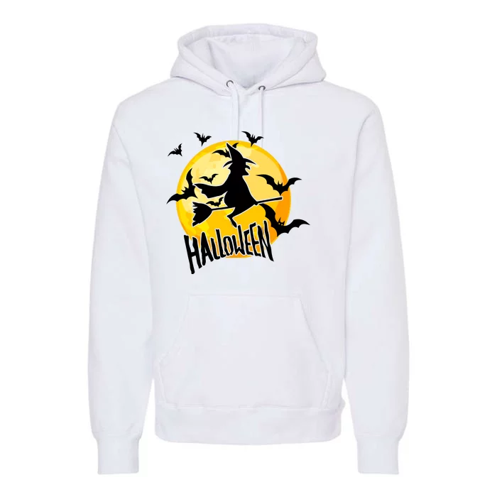 Halloween Spooky Moon Flying Witch Premium Hoodie