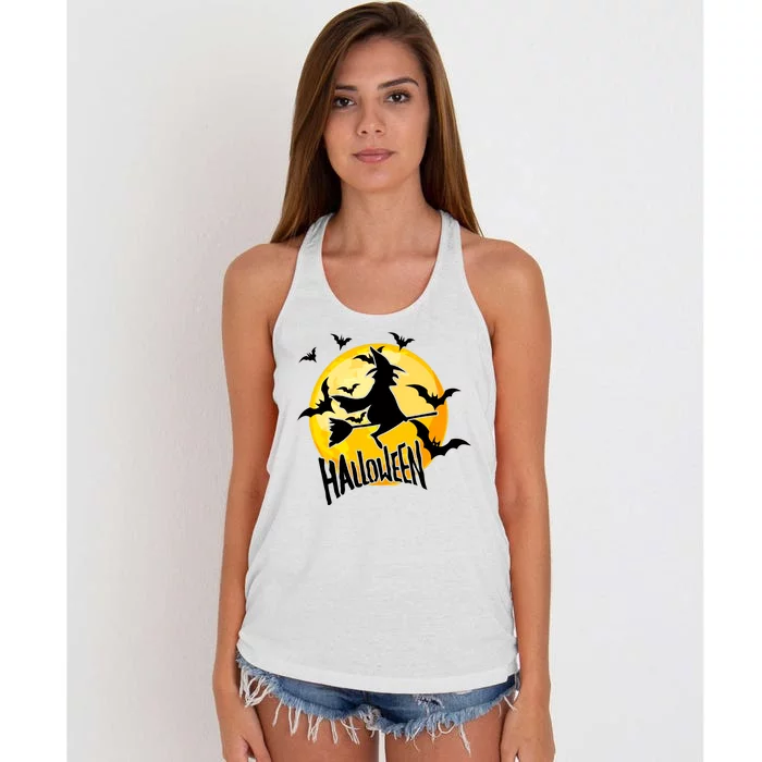 Halloween Spooky Moon Flying Witch Women's Knotted Racerback Tank