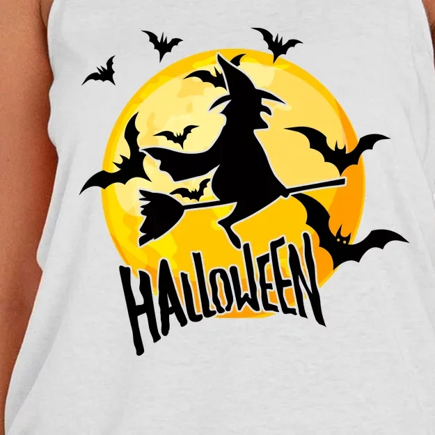 Halloween Spooky Moon Flying Witch Women's Knotted Racerback Tank