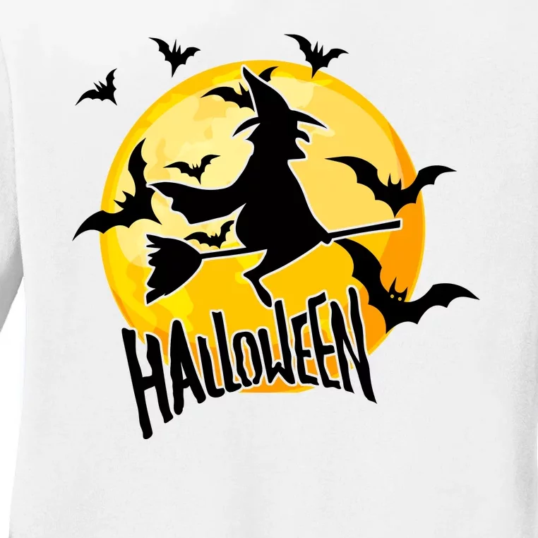 Halloween Spooky Moon Flying Witch Ladies Long Sleeve Shirt